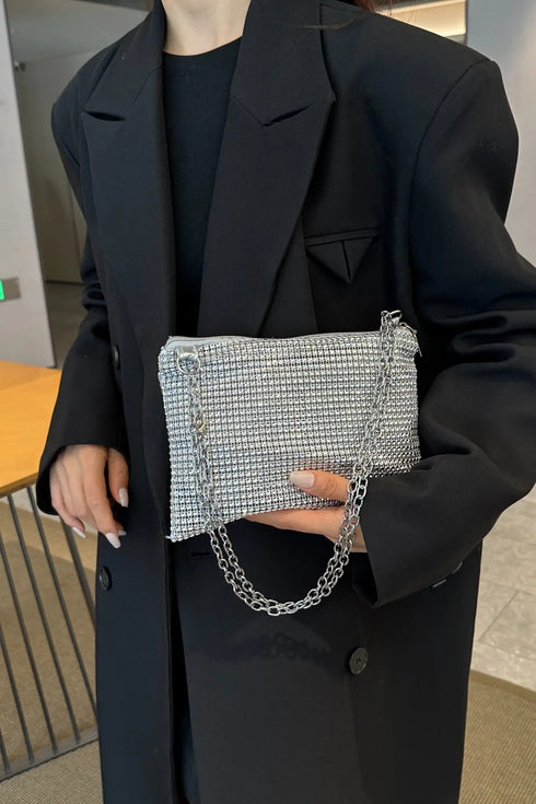 'Aya' Metal Chain Rhinestone Crossbody Bag - Celes Fashion